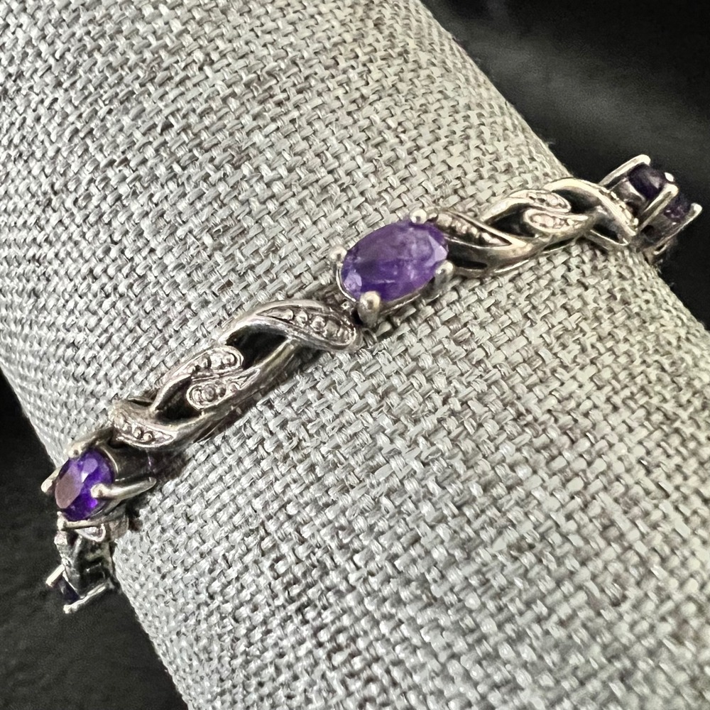 Vintage Silver Tone Purple Stone Filigree Link Bracelet Size 7"‎ Cottagecore 90s